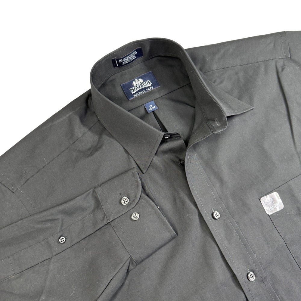 Stafford Dress Shirt Mens 17 32/33 Black New Wrinkle Free Long Sleeve Stretch